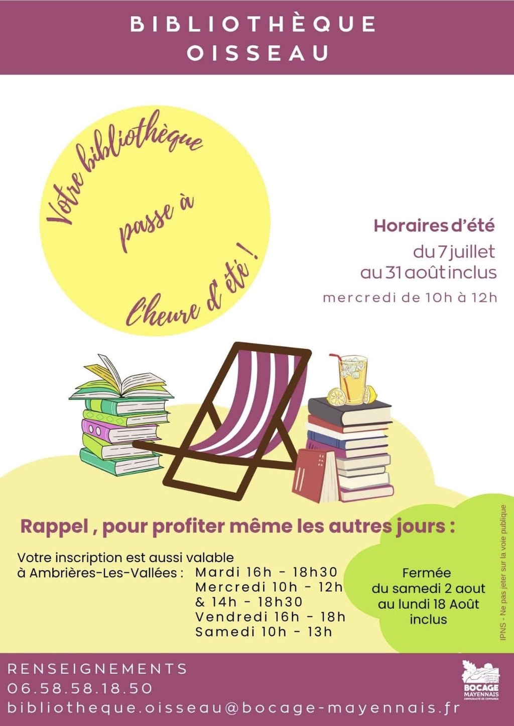 Bibliothèque - Horaires d'été